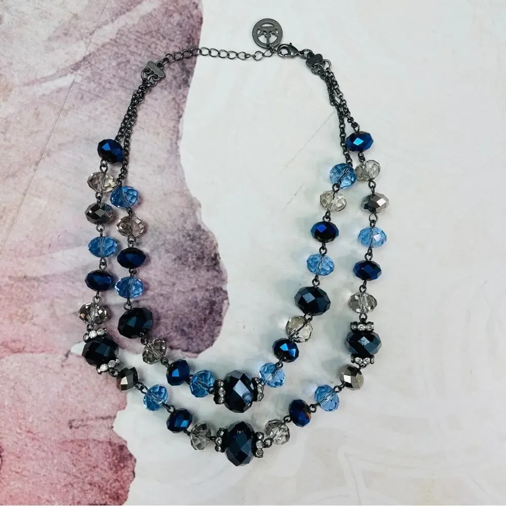 Trifari blue clear beaded 2 strand necklace choker - Picture 7 of 10